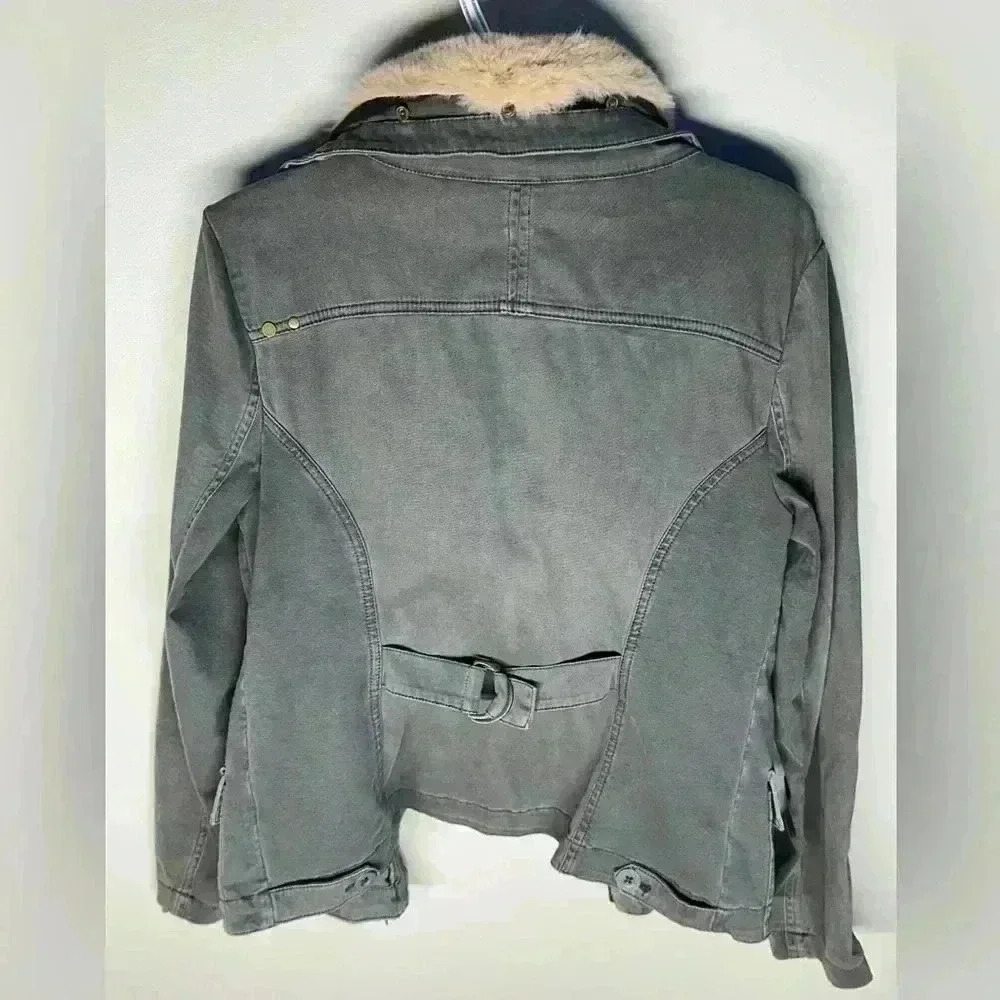 Anthropologie Marrakech Faux Fur Aviator Moto Jacket | Olive Grey | Size M - Picture 9 of 16